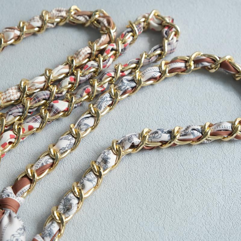 New Fashion Brand Woman Handbag Accessory Chains Detachable Floral Print Gold Silver Metal Silk Shoulder Strap Women DIY Chain Bag Handles