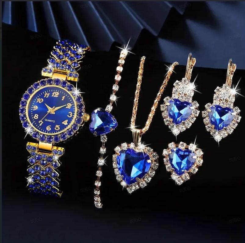 

Gift box free European and American women s watch gemstone jewelry set, heart-shaped color diamond jewelry five piece set синий