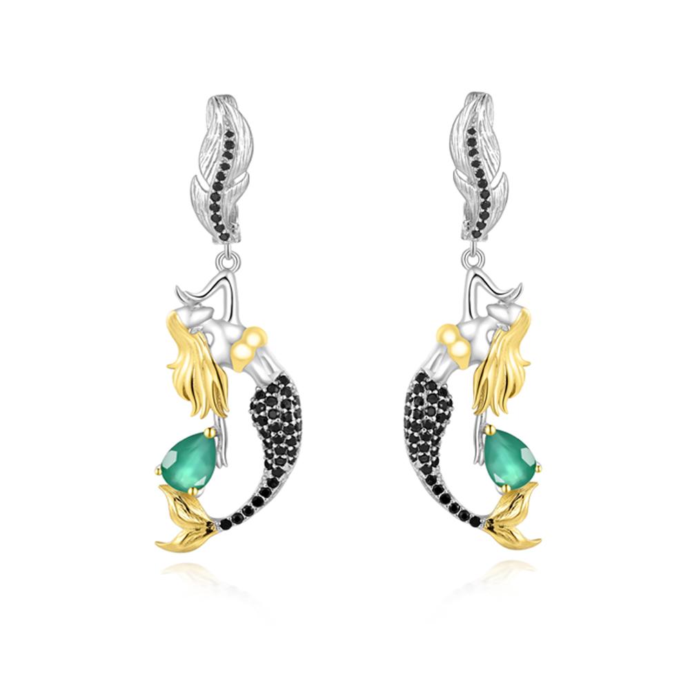 Gorgeous mermaid-shaped design paired with natural green agate gems ring Earrings Set 925 silver fine jewelry for women and girl