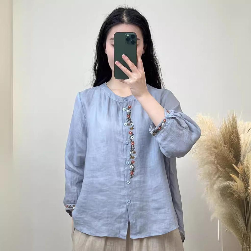 Cotton and Linen Shirt Women's Round Neck Embroidery Casual All-match Loose Summer Breathable Long-sleeved Shirt Women