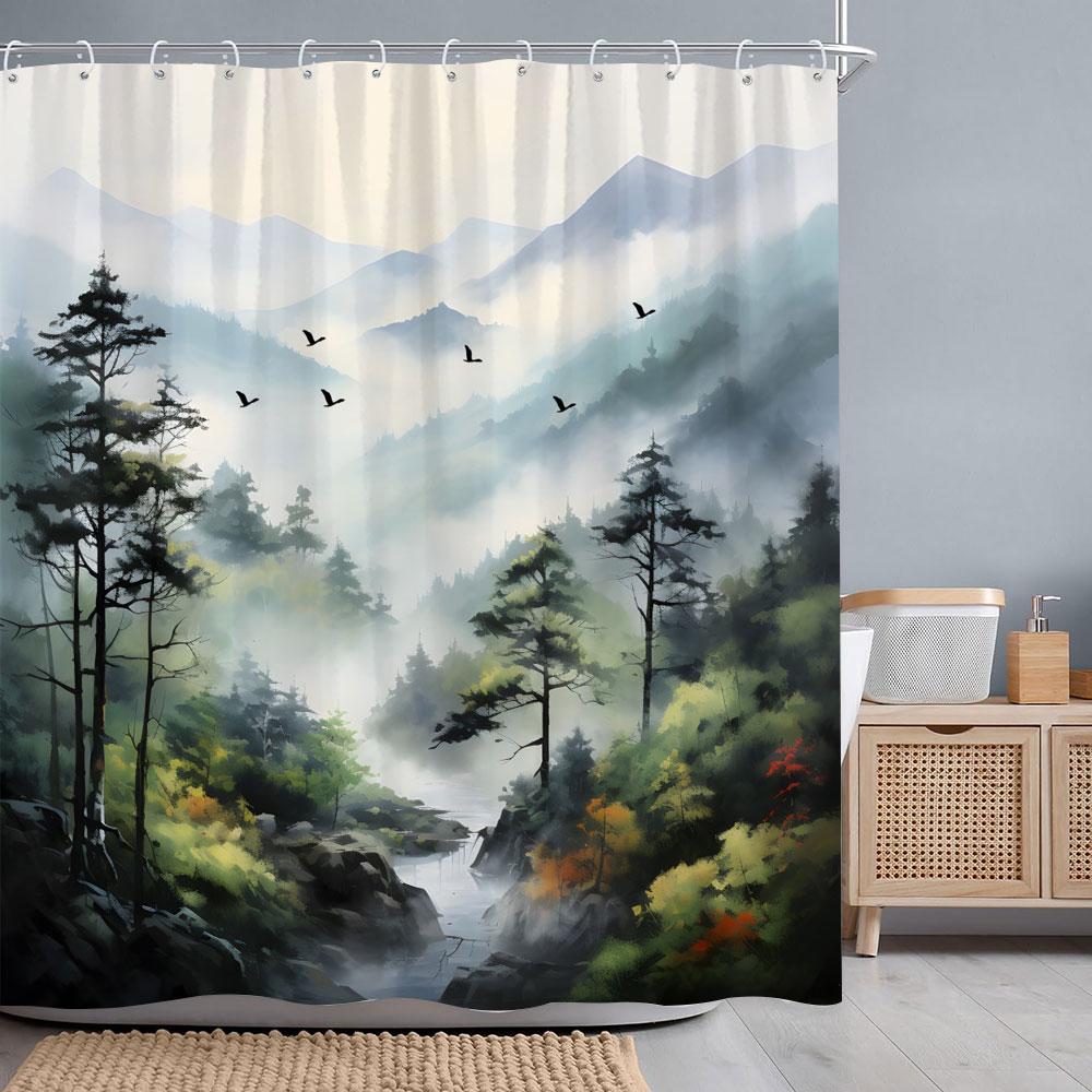 

Misty Forest Watercolour Shower Curtain Geese Faraway Mountain Nature Landscape Fabric Shower Curtains Bathroom Decor With Hooks W60H190(CM)-1 Pcs