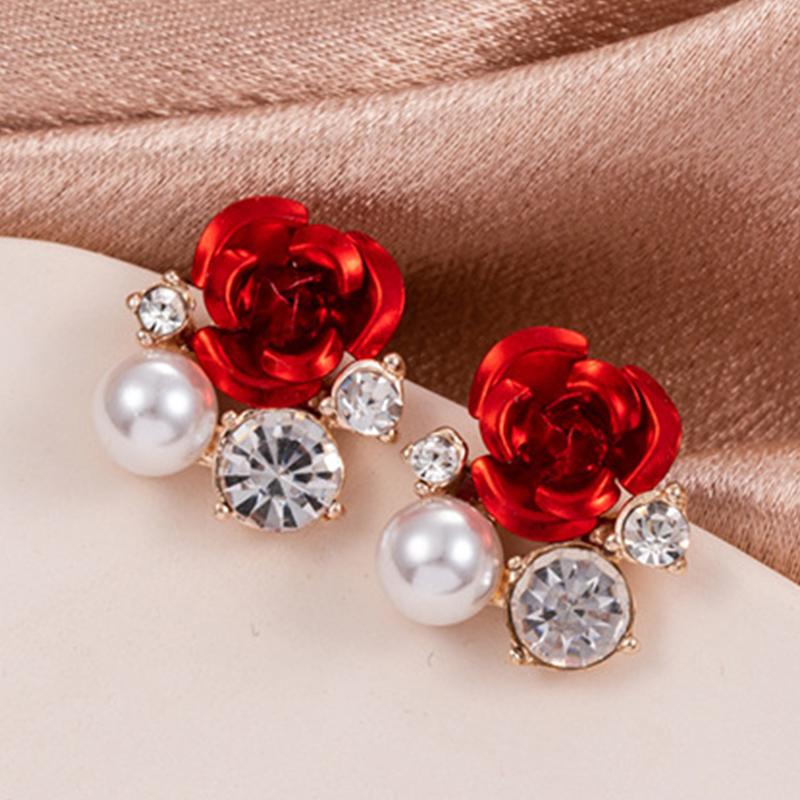 Boucles d'oreilles en strass Rose rouge pour femmes, bijoux de fiançailles, de mariage, ailes d'ange, papillon, perles, fleurs