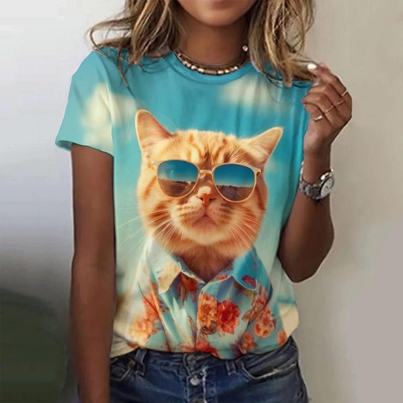 Sunglasses Cat Pattern T Shirt For Women Fun Animal 3D Printed Short Sleeves Summer Loose T-Shirts O-Neck Tops Tees Streetwear