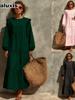 New Round Neck Casual Loose Dress Long Sleeve Solid Color Maxi Dress