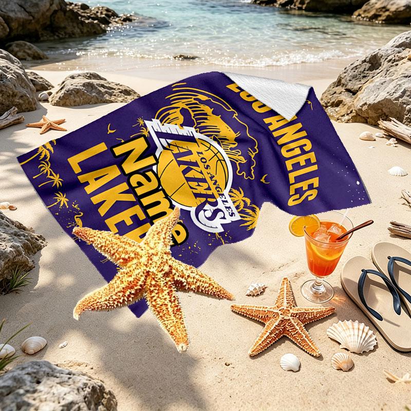 Custom Name Personalized Los Angeles Lakers Basketball Print Beach Towel, for Trip Camping Beach Party Home Decor, Birthday Gift for Family & Friends