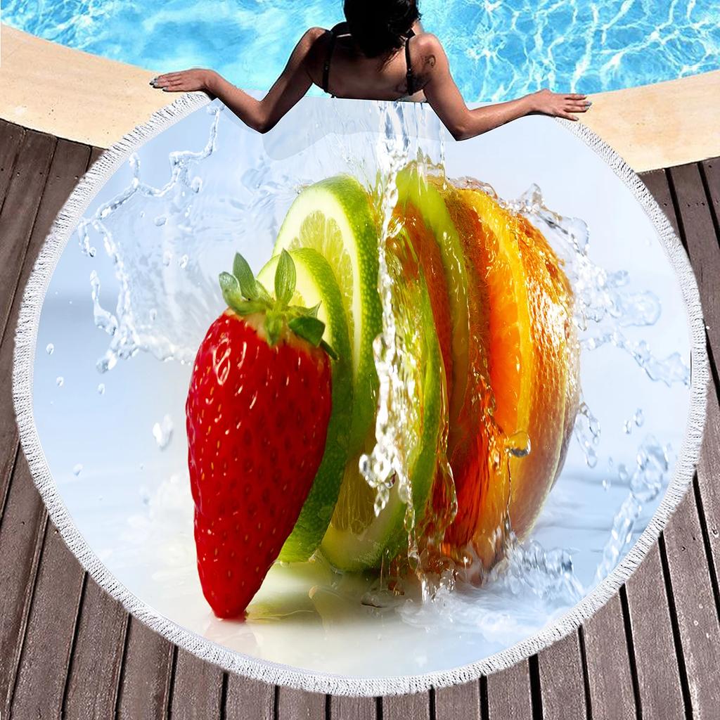 Summer Tropical Fruit Round Beach Towel Delicious Hawaii Fruits Sandproof Beach Blanket Soft Quick Dry Towel Portable Picnic Mat