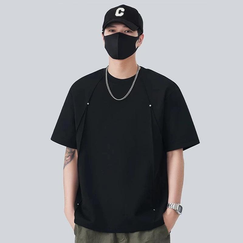 

Men Crew Neck Short Sleeve T Shirt Loose Fit Strap Detail Casual Minimalist Streetwear Daily Tops XL чёрный