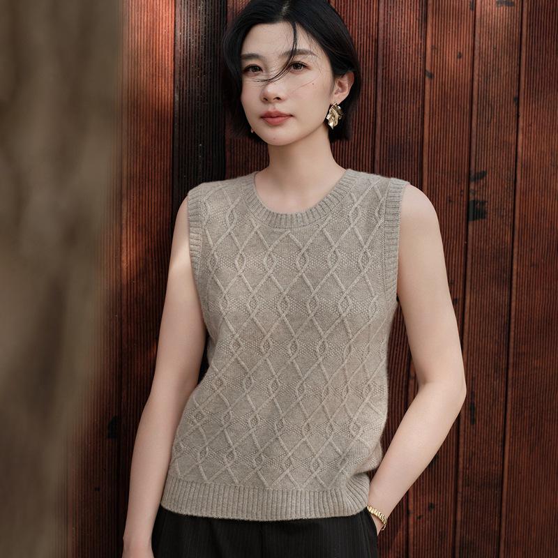 Autumn/Winter Women's Slimming Sleeveless Pure Cashmere Cable Knit Diamond Pattern Top