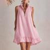 Women's Sleeveless Mini Dress, Half Zipper Stand Collar Ruffle A-line Dress, Summer Casual Flowy Beach Vacation Sundress