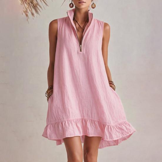 Women's Sleeveless Mini Dress, Half Zipper Stand Collar Ruffle A-line Dress, Summer Casual Flowy Beach Vacation Sundress
