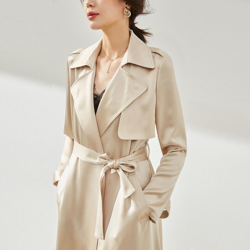 Shenghong spring and autumn pendant atmospheric satin acetic acid handsome medium and long casual thin trench coat women 13086