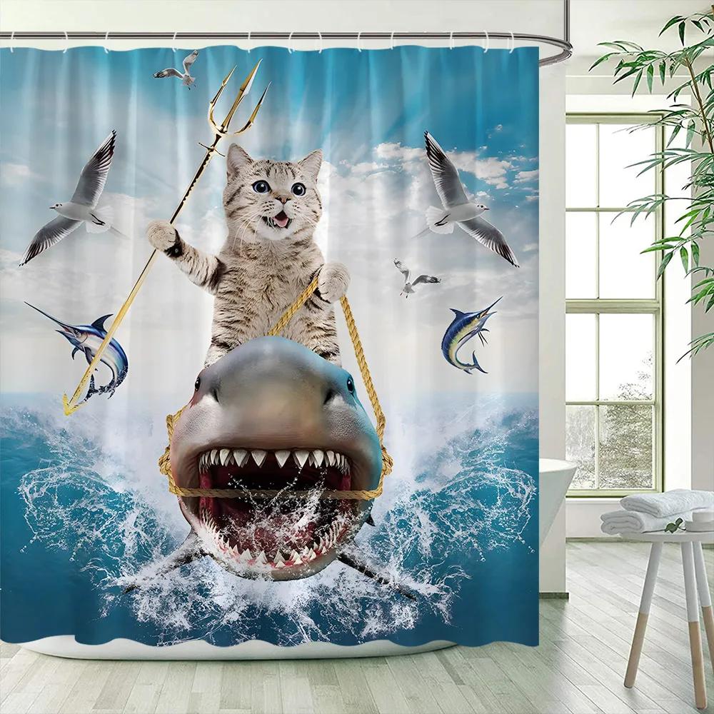 Funny Shower Curtains Cat Riding Shark Ocean Birds Sea Waves Cool Fun Bath Curtain Polyester Fabric Kids Bathroom Decor Sets