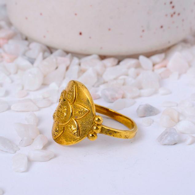Antique Gold Plated Flower Ring | Vintage Style Brass Round Statement Ring for Women | Intricate Floral Design Jewelry