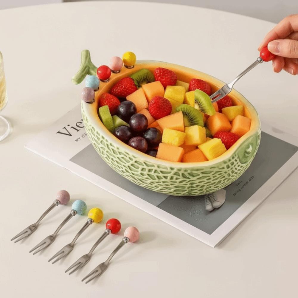 Hami Melon Shape Fruit Bowl with Fork Large Capacity Cute Toothpick with Holder Household Use