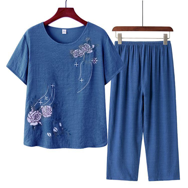 Summer Two-Piece Set for Middle-Aged and Elderly Women - T-Shirt and 9-Point Pants