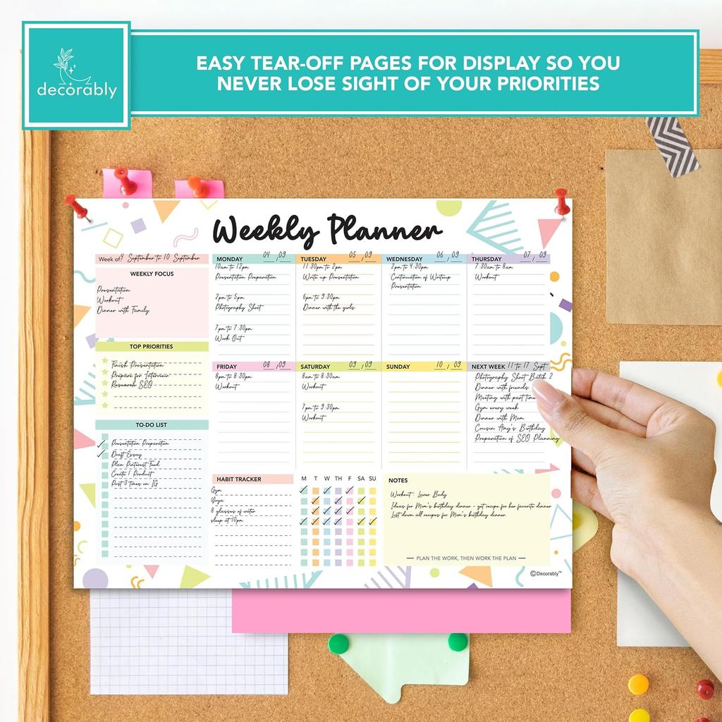 Decorably 52 Sheets Colorful Pastel Undated Weekly to Do List Notepad - 6.5x10" Spring-Bound Planner Pad, Easy Tear-Off, for Priorities, to-Do List,
