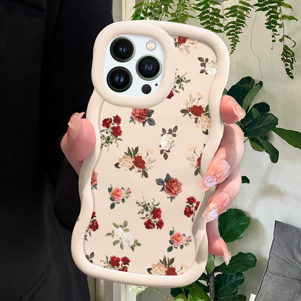 Red White Roses Pattern Soft Phone Cover for iPhone 11 12 13 14 15 Pro Max 6 6S 7 8 Plus Xs Wave Edge Shockproof Protective Rubber Case