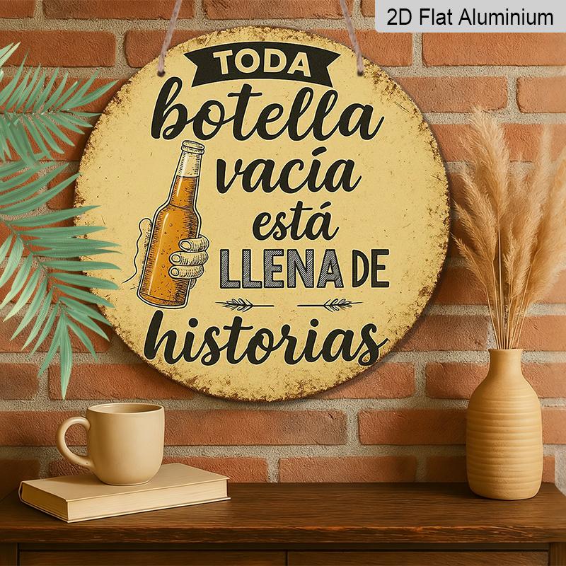 2D Flat, 1pc Hand-Painted Beer Bottle and Text Decorative Pattern, 7.87x7.87inch Aluminum Round Outdoor Plaque, Perfect for Bar and Restaurant