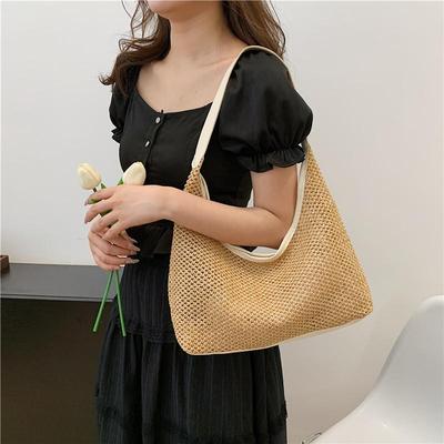 Woven Bag Casual Bucket Bag Straw Underarm Bag Large Capacity Solid Color Shoulder Bag Women Commuting Shoulder Bag
