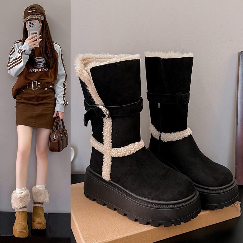 Short long snow boots women's 2025 winter new but knee high boots piled thickened cotton shoes tide