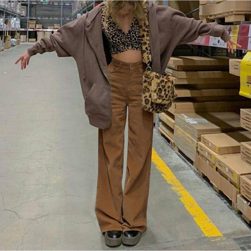 Color Solid Womens High Waist Wide Leg Slimming Casual Fashion Pants Corduroy