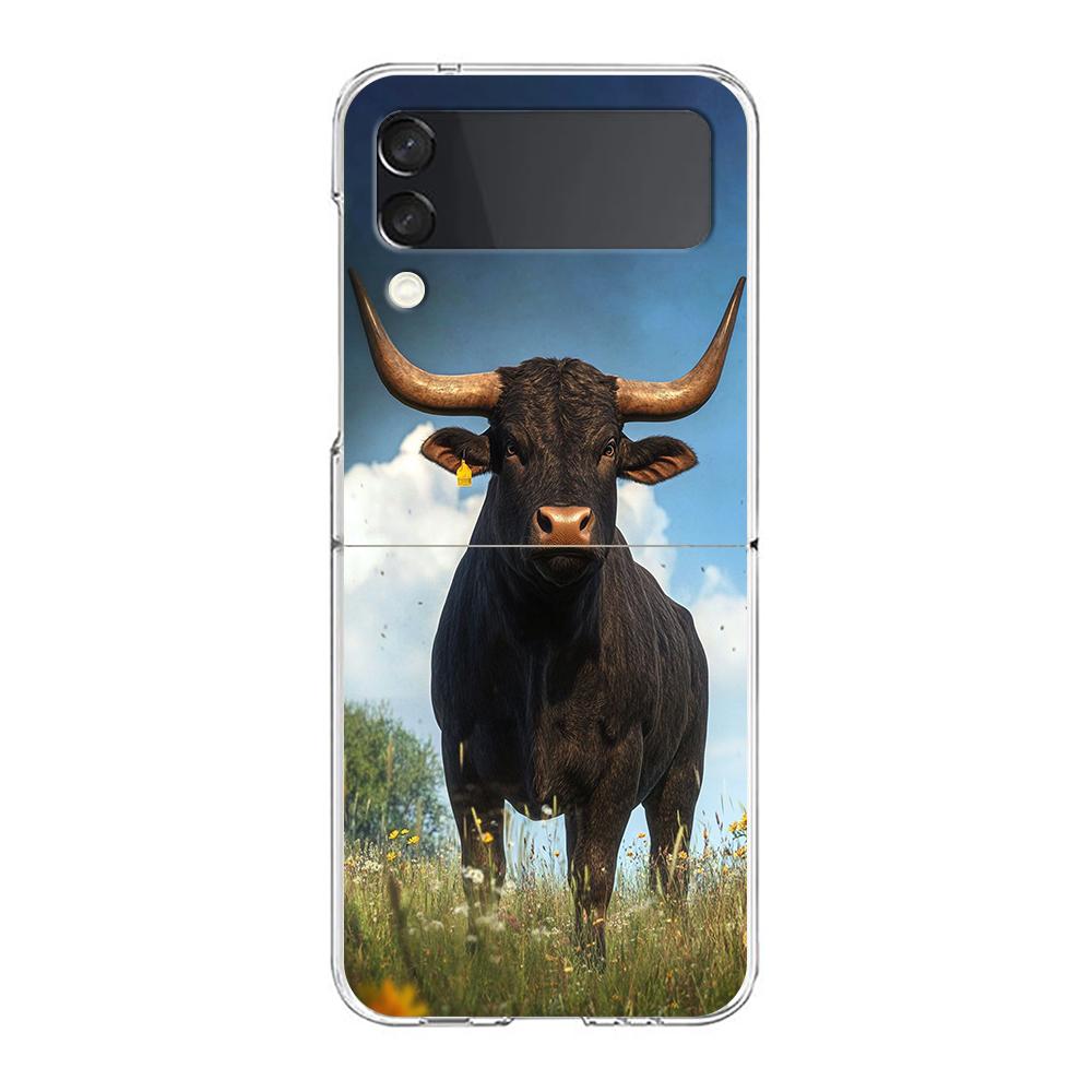 Phone Case For Samsung Galaxy Z Flip 3 4 5 Hard Folding Clear PC Bumper For Samsung Z Flip 6 Back Cover Bull Animal