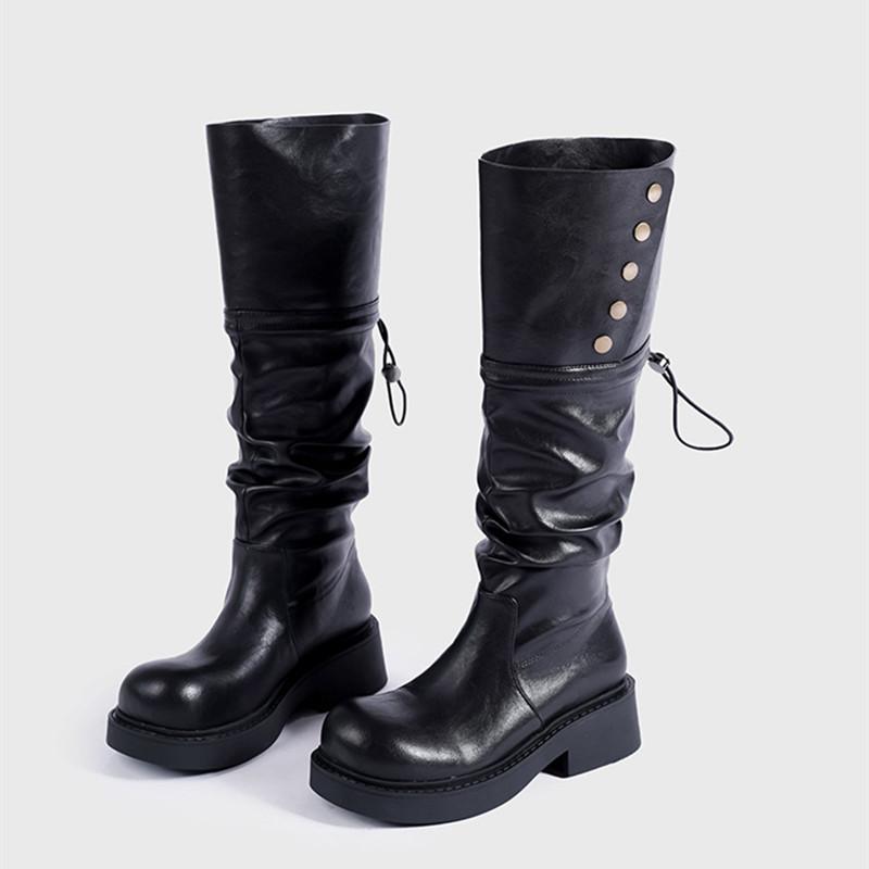 

Fashion Autumn Winter Patent Leather Punk Gothic Platform Women Knee-high Boots Fashion Rivet Button Heeled Motorcycle Booties Shoes 35