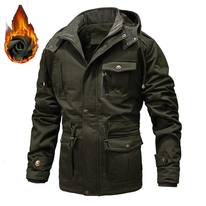 Winter Hooded Long Warm Parkas Fleece Down Jackets   Outdoor Tooling Casual Jackets Men Multi Pockets