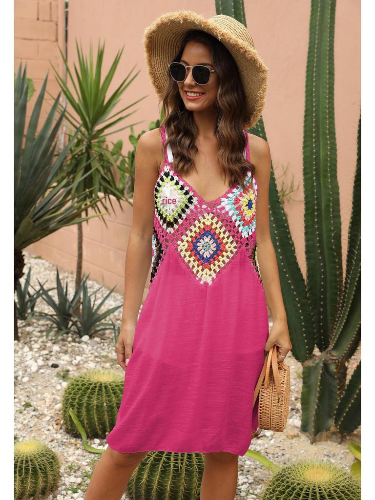 Women's Hand-Crocheted Flower Patchwork Sleeveless Beach Cover-up Dress