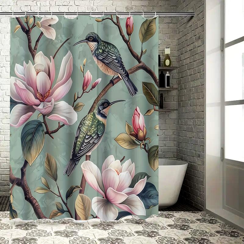 

Stylish Shower Curtain With Purple-Winged Starlings And Magnolias - Nature-Inspired Home Decor Waterproof Durable Easy-Clean W60H190(CM)-1 Pcs
