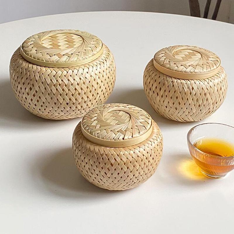 Bamboo Storage Basket Double Layer with Cover Handmade Woven Tea Basket Tabletop Storage Box for Tea Fruit Dried Fruit Snack