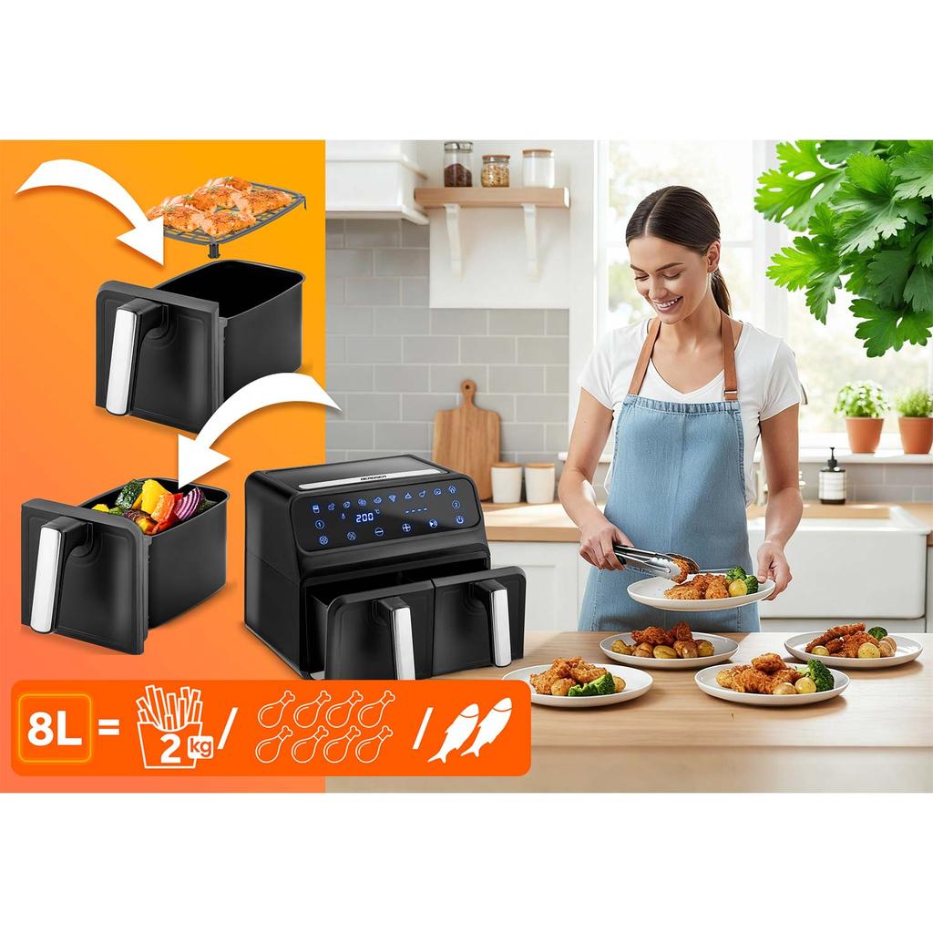Air Fryer Xxl 8L Double Chamber Fryer Berdsen Bd-653 Black And Silver