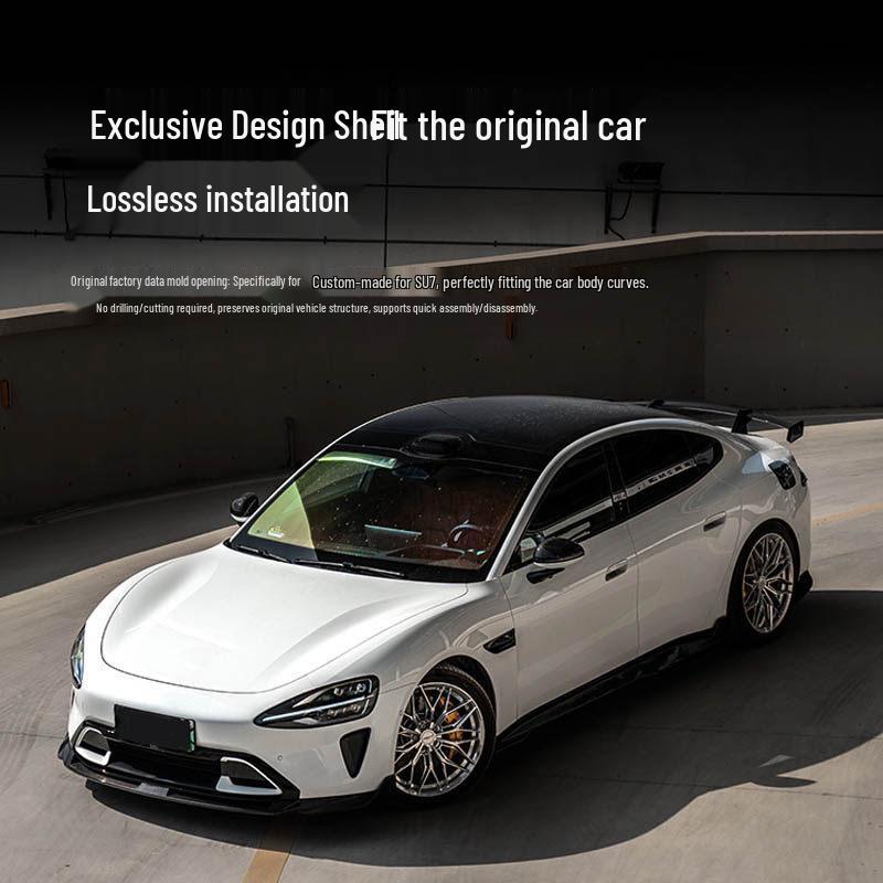 Xiaomi SU7 Car Body Kit: Front Lip, Splitter, Side Skirts, Rear Wing, Carbon Fiber Exterior.