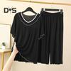 Women's Two Piece Pajamas Set Crew Neck Short Sleeve Shirts Matching Wide Leg Pants Sleepwear Set Summer Casual Loungewear