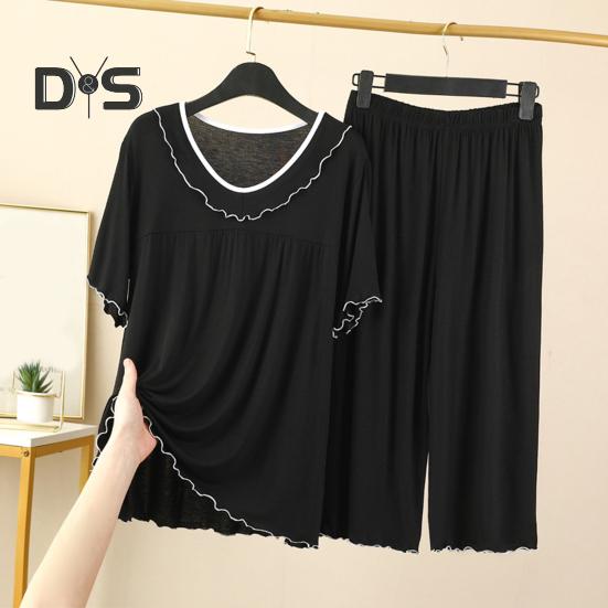 Women's Two Piece Pajamas Set Crew Neck Short Sleeve Shirts Matching Wide Leg Pants Sleepwear Set Summer Casual Loungewear
