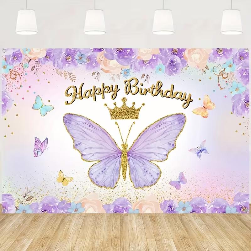 

2D Flat Printing Floral Gold Crown Birthday Backdrop for Girl s Photoshoot 47.2x31.5inch/120*80cm