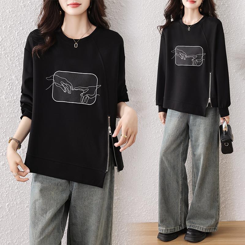 DIMANAF 2025 Autumn Plus Size Women Hoodies Shirts Tees Black Long Sleeve T-shirt Loose Casual Tops