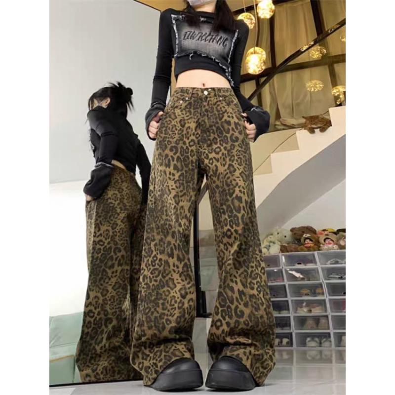 Leopard print denim jeans casual vintage style  boyfriend wide-leg pants