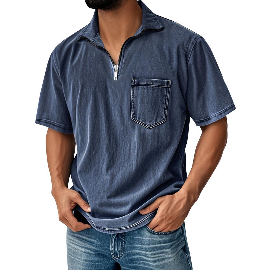 Men's Summer Color Vintage Zipper Pocket Lapel Short Sleeve Shirt Tops