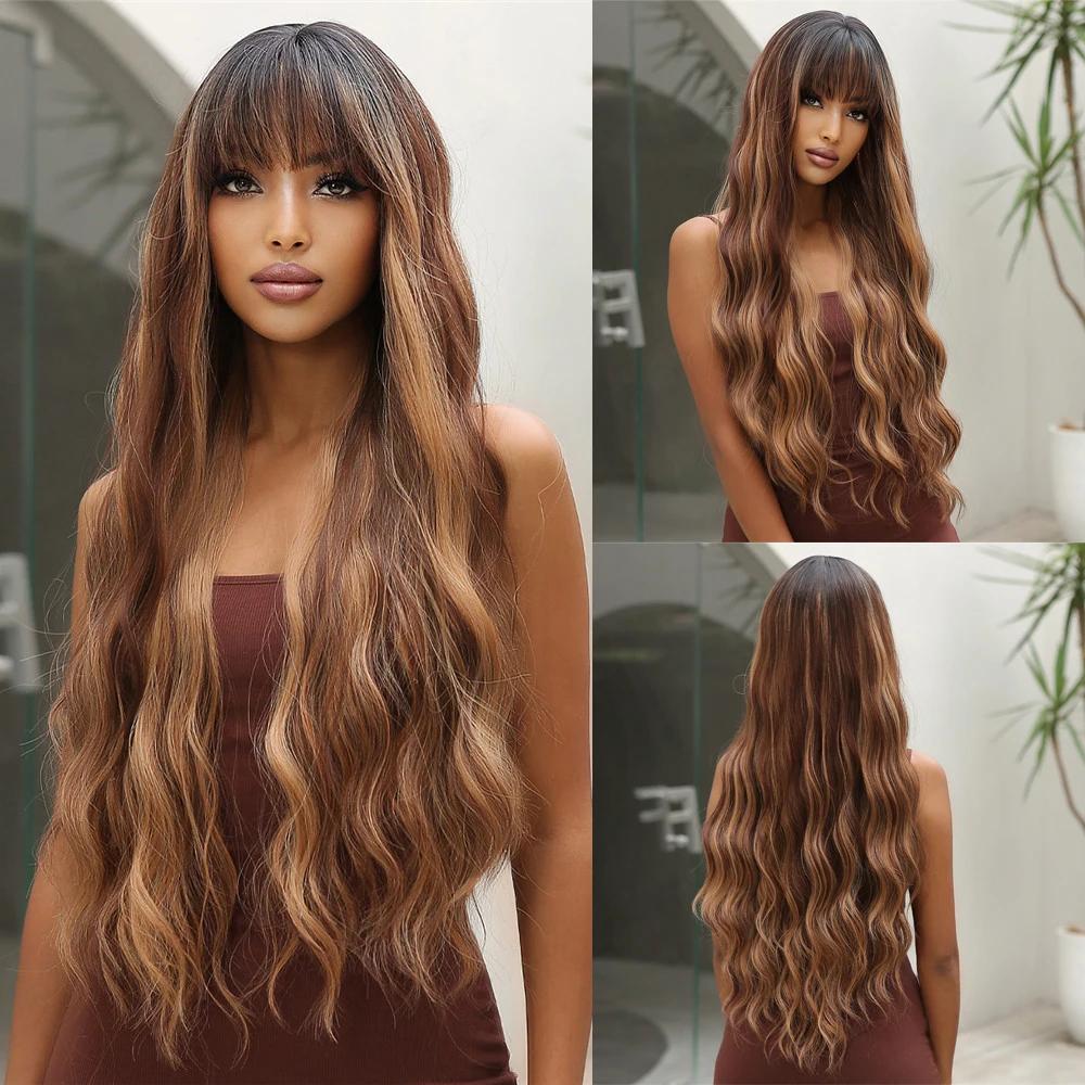 ALAN EATON Brown Highlight Long Wave Wigs for Women Synthetic Wig with Bangs Ombre Mixed Color Natural Looking Hair for Daily