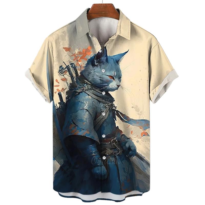 Vintage Cat Swordsman 3D Printed Shirts For Men Clothes Funny Animal Graphic Blouses Casual Mens Lapel Blouse Summer Button Tops
