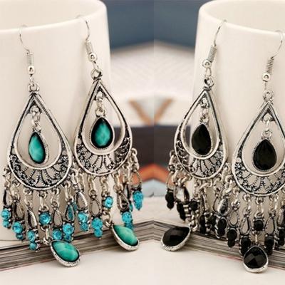Boho Women Hollow Carved Faux Gemstone Tassel Drop Dangle Hook Earring κοσμήματα