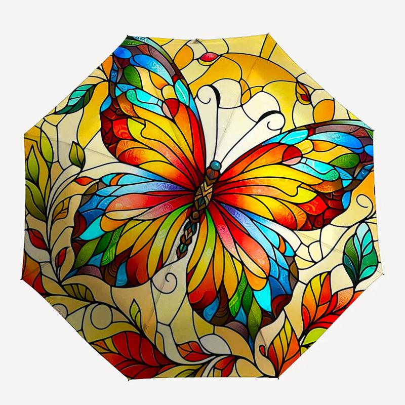 1pc Stained Glass Butterfly Design Automatic Opening Folding Umbrella with 8-Bone Iron Frame - Portable Outdoor for Fans, Travelers, Daily Use, Festiv