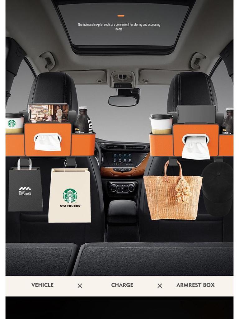 **Multifunctional Car Seat Back Organizer with Tissue Box and Cup Holder Hooks**