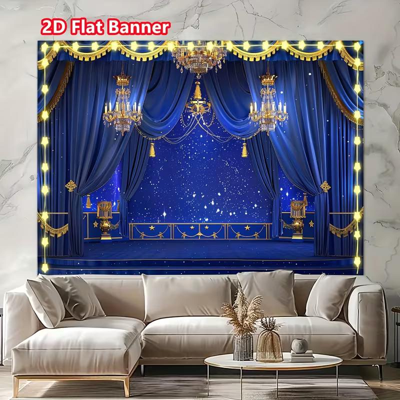 Telo Banner per Palco Lussuoso 2D Blu Oro Tende e Lampadari Decorazione