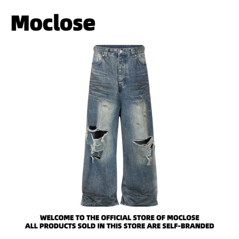 Mens Loose Fit Straight Leg Jeans Vintage Distressed Ripped Denim Pants Youth