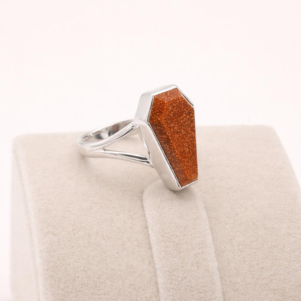 Handmade Sterling Silver Brown Goldstone Coffin Ring, Gothic Gemstone Ring, Prong Set Statement Jewelry, Gift for Her