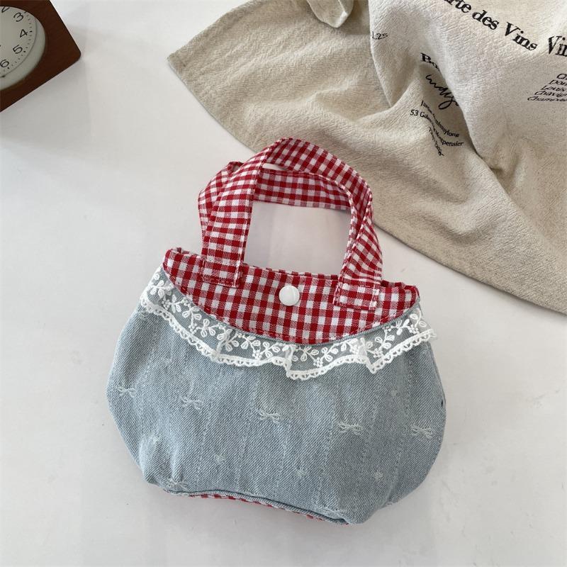 5 Sweet Little Fresh Lace Handbag Retro Fashion Red and Blue Contrasting Color Plaid Handbag