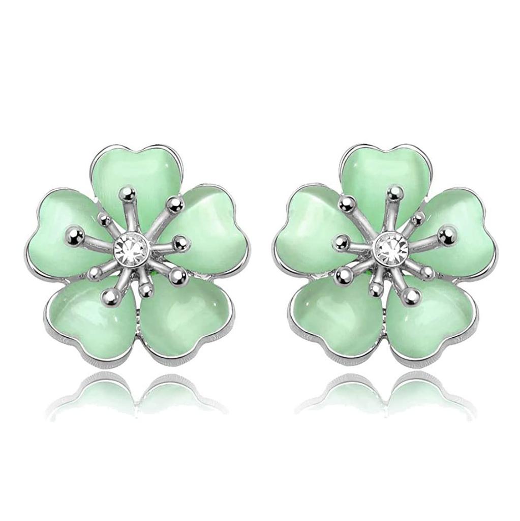 18K white gold plated elegant pale grass green cherry blossom earrings Austrian CZ diamonds