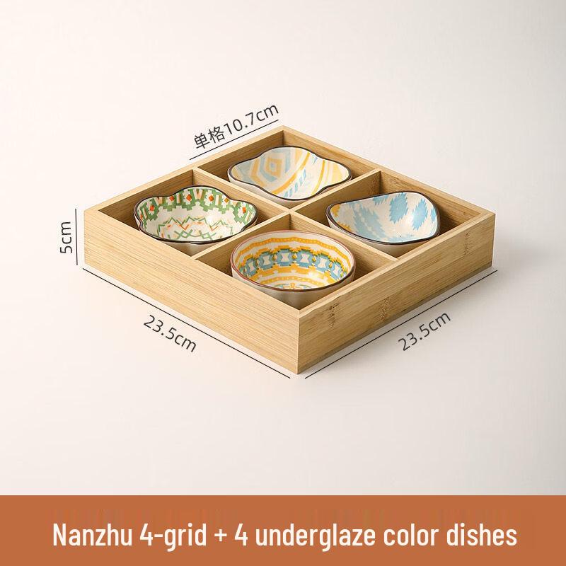 Wooden Compartment Serving Tray for Tea & Fruit with Ceramic Dishes